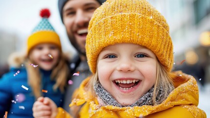 Two children in bright yellow winter clothing, laughing and playing in the snow, exude warmth and happiness on a chilly winter day, celebrating the season's joy.