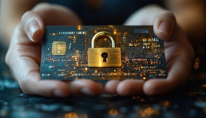 Poster - hands holding a secure credit card with lock symbol
