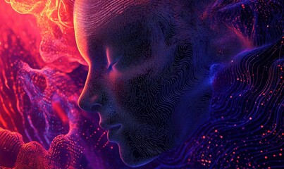 Poster - Abstract digital face profile, intricate lines, vibrant colors, ethereal background, glowing particles, artistic representation of human features