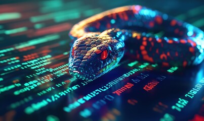 Poster - Snake on digital code background, vibrant colors, scales reflecting light, futuristic design, technology theme