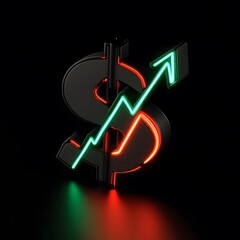 Poster - Neon dollar sign with upward trend arrow illuminated against a dark background representing financial growth, investment success, and economic positivity in a bold visual design.