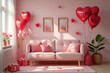 © Nyetock - Interior of living room decorated for Valentine's Day with balloons, sofa and gifts. Front view.