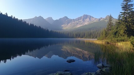 Sticker - A serene mountain lake with fog rolling in, reflecting the surrounding peaks.