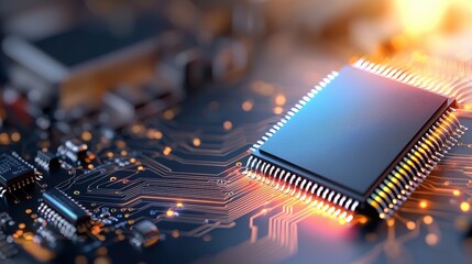Poster - Glowing Microchip with AI and Radiating Light Patterns