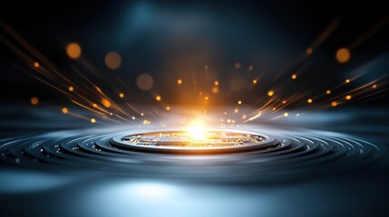 Poster - Glowing Minimalist AI Chip in Dynamic Waves