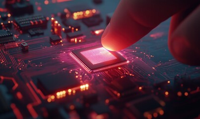Poster - Close-up of microchip with glowing circuits, finger touching surface, technology concept, digital innovation, electronic components