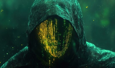 Aufkleber - Mysterious figure with digital face, hooded cloak, glowing binary code, dark green background, cyberpunk aesthetic