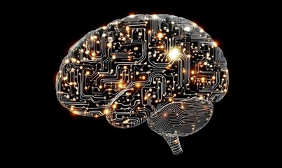 Poster - Digital brain with circuit patterns and glowing lights, representing technology and artificial intelligence, intricate design, black background