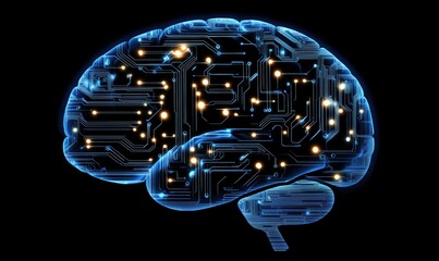 Poster - Digital brain with circuit patterns and glowing nodes, representing technology and artificial intelligence