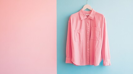 Poster - Pink Button-Up Shirt Hangs Against a Soft Blue and Pink Background, Showcasing a Modern and Minimalistic Fashion Aesthetic for Styled Apparel Photography