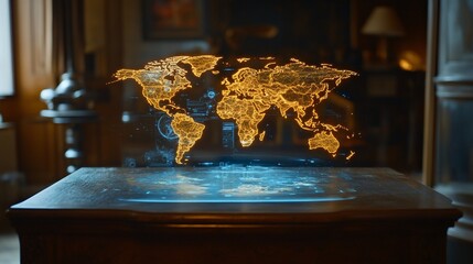 Poster - Holographic world map displayed on antique wooden table.