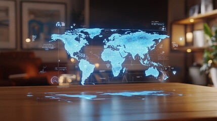 Poster - Holographic world map on wooden table.