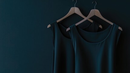 Poster - Stylish and Minimalist Dark Teal Tank Tops Hanging on Wooden Hangers Against a Muted Background for Fashion, Retail, and Apparel Showcase