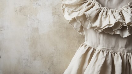 Poster - Elegant Vintage Dress with Ruffled Sleeves Against a Textured Rustic Background, Showcasing Soft Fabric and Subtle Earthy Tones for a Cozy Aesthetic