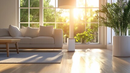 Poster - Sunlit living room with sofa, air purifier, and plants.