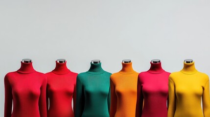Poster - Colorful Turtleneck Sweaters Displayed on Mannequins in a Row Against a Minimalist Background for Fashion and Retail Inspiration