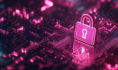 Poster - Digital security lock on circuit board, glowing pink, symbolizes cybersecurity, technology, data protection, and encryption