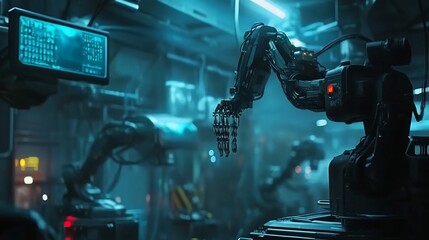 Poster - Futuristic robotic arm in factory setting.