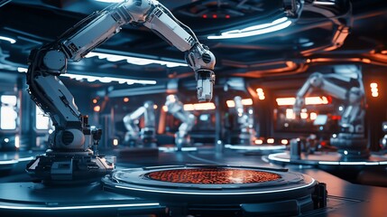 Poster - Futuristic robotic arm in advanced factory.