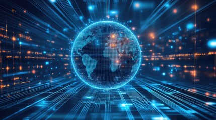 Poster - futuristic digital world globe visualization with data streams and bright light effects representing