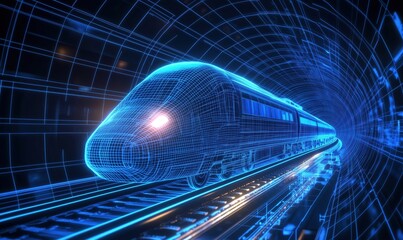 Aufkleber - Futuristic train in digital tunnel, wireframe design, glowing blue lines, high-speed travel concept, modern technology, railway system