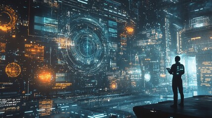 Poster - Futuristic man reviewing data on a massive holographic display.