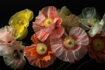 Canvas Print - Colorful bouquet of delicate poppy flowers in various shades against a black background, showcasing their intricate petals and vibrant textures.