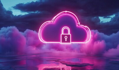 Poster - cloud storage security, neon cloud icon with padlock, vibrant colors, digital concept, technology ba
