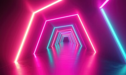 Poster - Neon-lit tunnel with vibrant colors, geometric shapes, glowing lines, reflective floor, modern design, futuristic ambiance