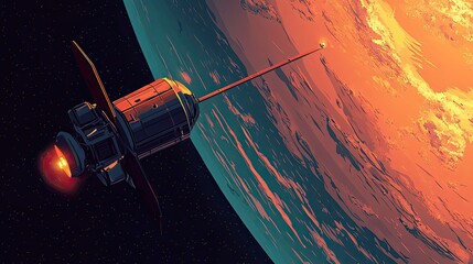 Wall Mural - a spaceship in orbit around a planet with a fiery atmosphere