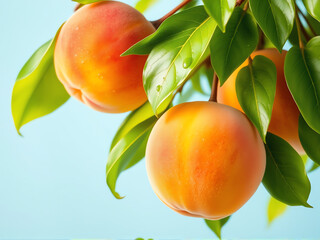 Wall Mural - fresh peaches growing on a tree branch under clear blue sky