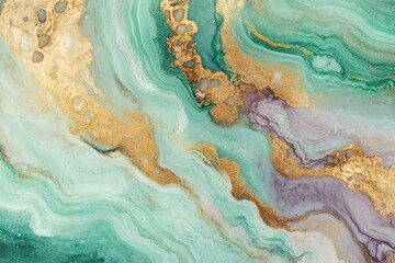  Abstract green and gold marble texture with swirling patterns and veins