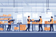 © Evhen Pylypchuk - Warehouse workers using ergonomic equipment, such as lifting devices and posture-support tools, emphasizing safety, comfort, and risk reduction in the workplace.