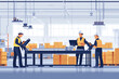 © Evhen Pylypchuk - Warehouse workers using ergonomic equipment, such as lifting devices and posture-support tools, emphasizing safety, comfort, and risk reduction in the workplace.