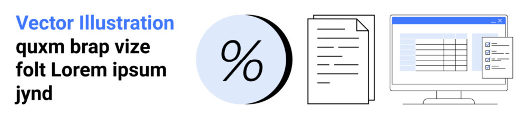 Percentage symbol, document stack, and computer monitor with table display. Ideal for presentations, infographics, websites, financial reports, business plans, educational materials, marketing