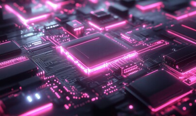 Poster - Futuristic circuit board with glowing pink lights, intricate microchips, and electronic components, showcasing advanced technology and design.