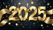 © JINGWEN - Festive golden ribbons with '2025' numbers creating celebratory atmosphere for New Year's Eve or special events, ideal for text overlay. New year celebration concept with elegant design.
