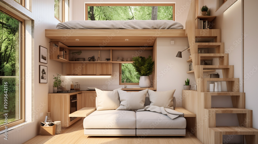 image of a tiny house interior with modern and minimalist design, Stock ...