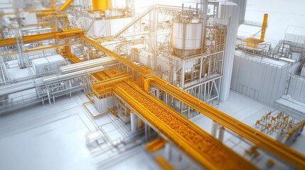 Poster - 3D rendering of industrial factory with complex machinery and conveyor belts.