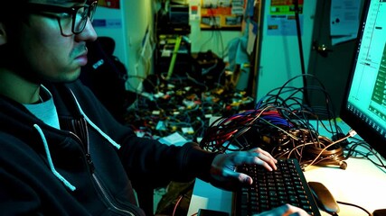 Focused programmer engaged in typing code at a cluttered desk