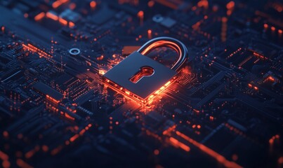 Poster - digital lock on circuit board, glowing circuitry, technology concept, cybersecurity, data protection