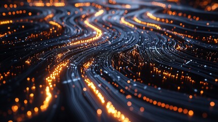 Poster - Abstract glowing wavy lines, digital data stream.