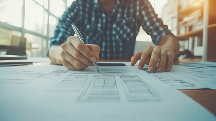 Poster - A person writing on design documents at a desk, showcasing a creative workspace.