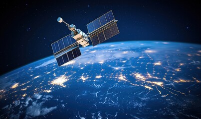 Poster - Satellite orbiting Earth, showcasing solar panels and illuminated cities, deep space background