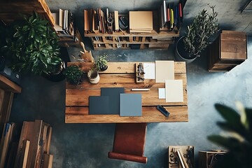 Aufkleber - A cozy workspace with a wooden desk, plants, and organized materials for productivity.