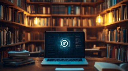 Aufkleber - A laptop in a cozy library setting, displaying digital content on a wooden table.
