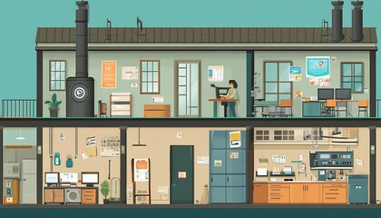 Aufkleber - A split-level workspace featuring offices and a lab environment.