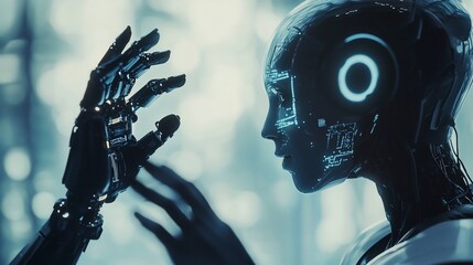 Poster - Futuristic robot examining its own hand, artificial intelligence concept.