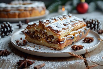 Wall Mural - Plate with a pastry on it on a table, stollen christmas pie, food background