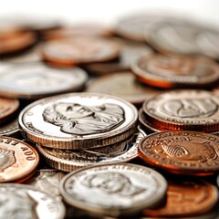 Mixed value baht coins in close up on white background.